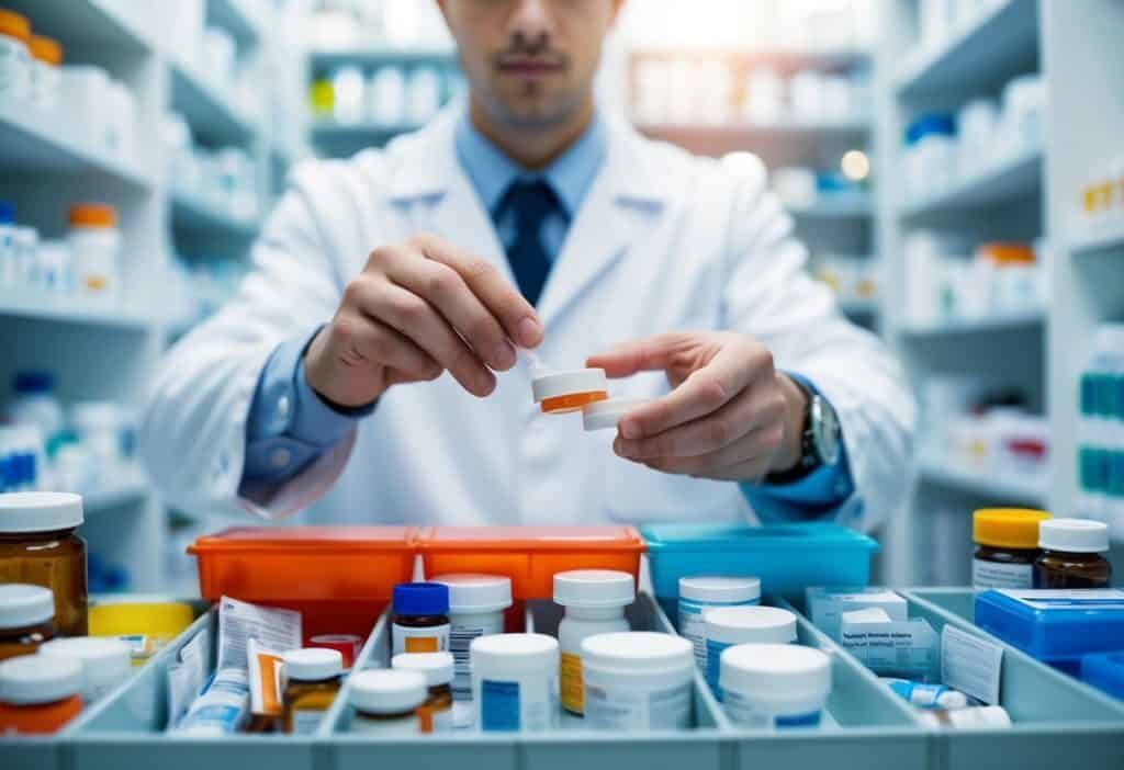 A pharmacist organizing medications in a pharmacy